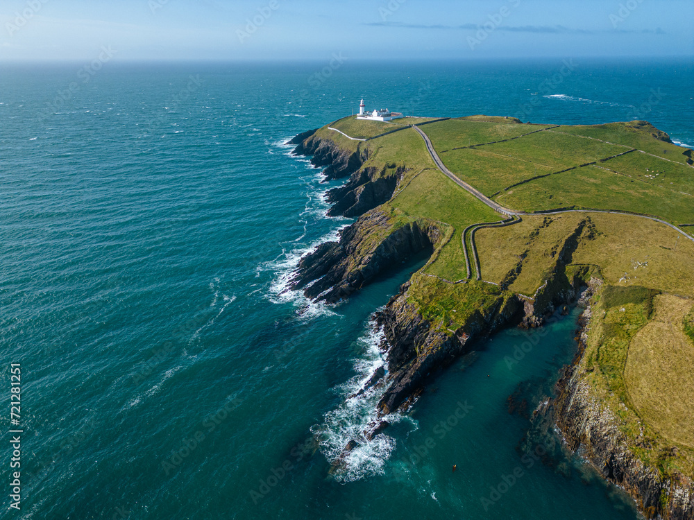 Galley Head Lighthouse aerial with cliffs