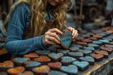 A person crafting personalized heart-shaped magnets with love quotes