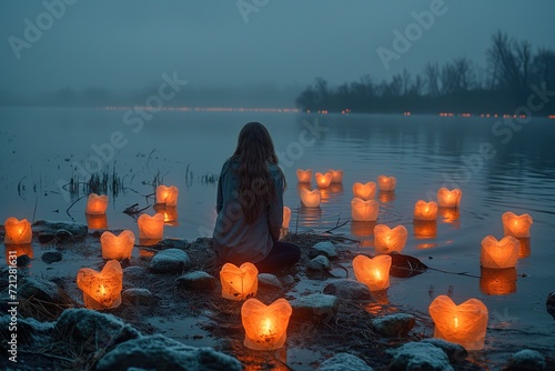 A person creating a time-lapse of heart-shaped lanterns lighting up a serene lake