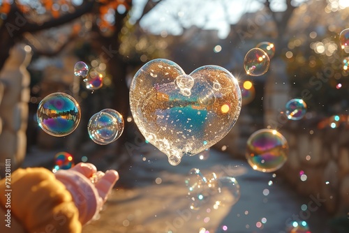 A person creating a time-lapse of heart-shaped soap bubbles floating in a garden