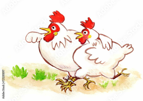 鶏が二羽、二人三脚をして走っている、水彩、手描き、イラスト