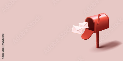 Vintage red mailbox with flying in white closed envelopes, post delivery composition, 3d render cartoon realistic style