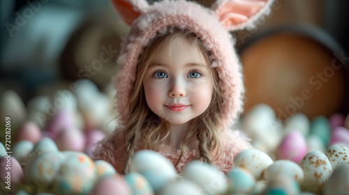 A sweet child wearing an Easter bunny costume surrounded by colored eggs.