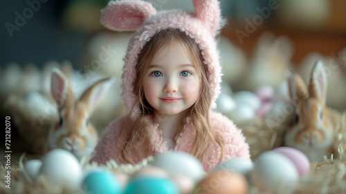 A sweet child wearing an Easter bunny costume surrounded by colored eggs.