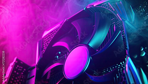 A GPU featuring vibrant  spinning cooling fans enveloped in colorful smoke.