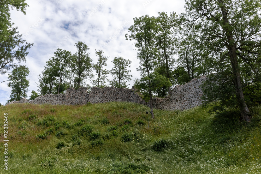 A hill overgrown with grass and part of an old stone wall on it
A hill overgrown with grass and part of an old stone wall on it