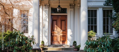 Historic residence featuring a portico and a refined wooden front door. photo