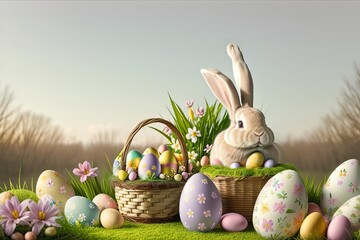 Small ,baby rabbit in easter basket with fluffy fur and easter eggs in the fresh,green spring landscape. Ideal as an easter card or greeting card or wallpaper.