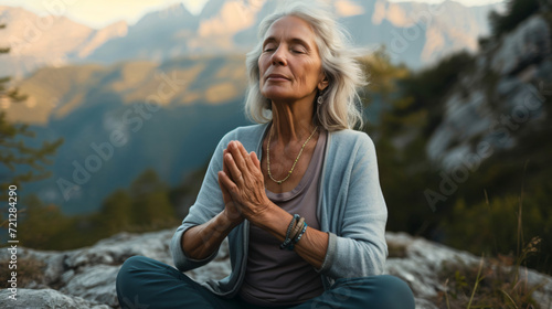 Mature woman meditating with hands clasped