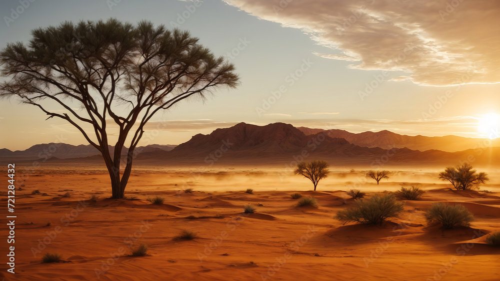 Sunset in the Desert - A Serene Landscape of Warmth and Beauty. Generative AI.