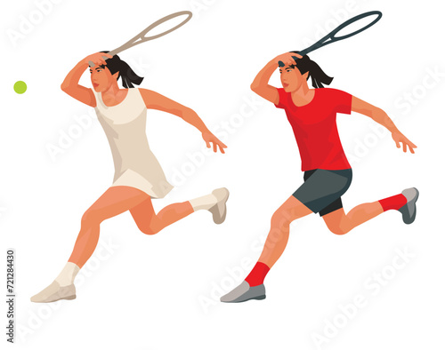Two figures of an Uzbek tennis girls player in red and white sports uniform who runs with a racket held high and receives the ball © ivnas