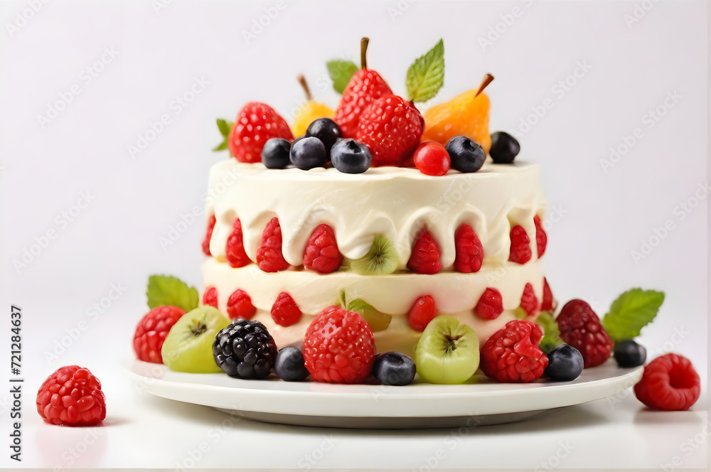 A delicious birthday cake with fruits and cream isolated on white background A delicious birthday cake with fruits and cream isolated on white background