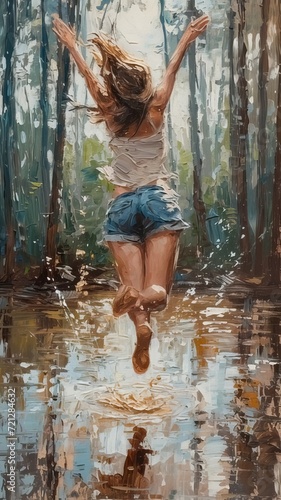 Joyful Impressionist Art. Woman Leaping with Delight in the Forest, Radiating Lightness 