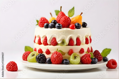 A delicious birthday cake with fruits and cream isolated on white background