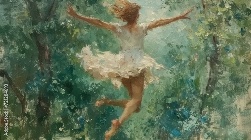 Joyful Impressionist Art. Woman Leaping with Delight in the Forest  Radiating Lightness 