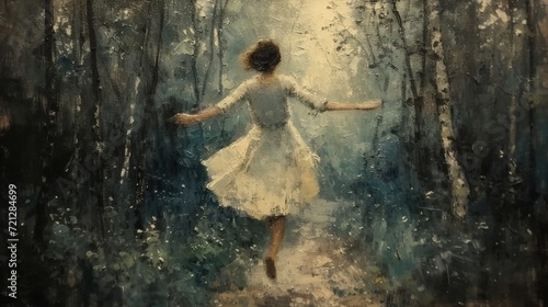 Joyful Impressionist Art. Woman Leaping with Delight in the Forest, Radiating Lightness 