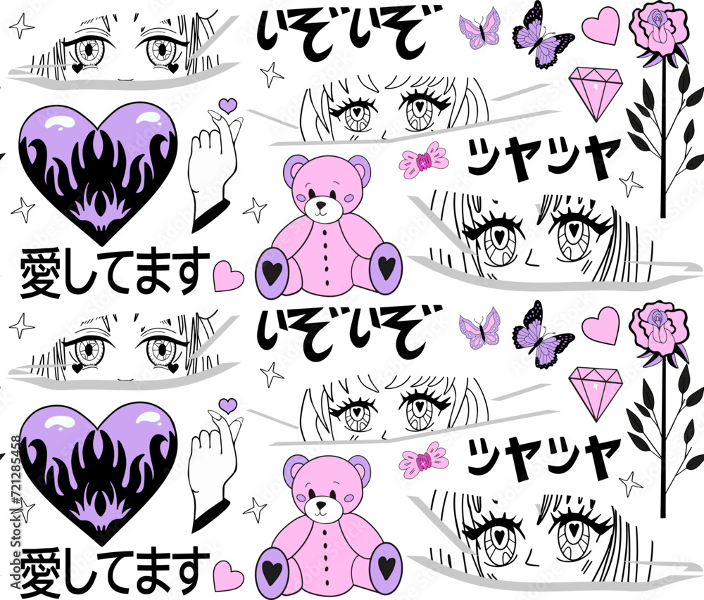 y2k pink girly pattern. anime girls, ram head, heart manga retro Y2K kawaii style. Translation: Assorted Japanese Onomatopoeia,I love you.Vector 