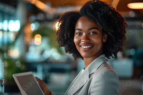 Portrait of lawyer black woman, happy in office workplace 