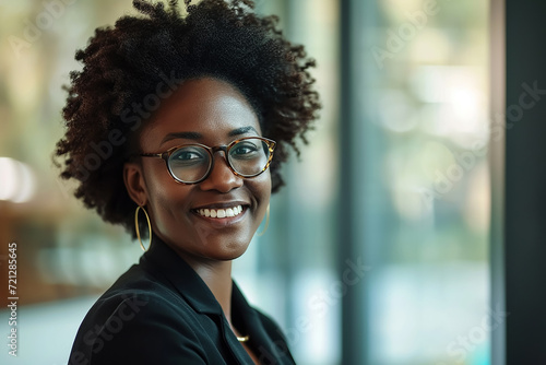 Portrait of pretty black american business woman with afro smiling 