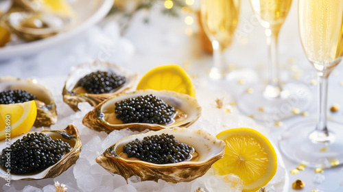 Food photo of expensive premium black caviar laid out on oysters with lemon with lemon on ice in close-up  with glasses of sparkling champagne in the background