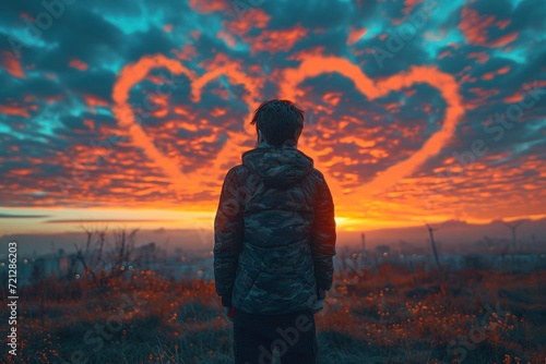 A person creating a time-lapse video of heart-shaped clouds moving in the sky