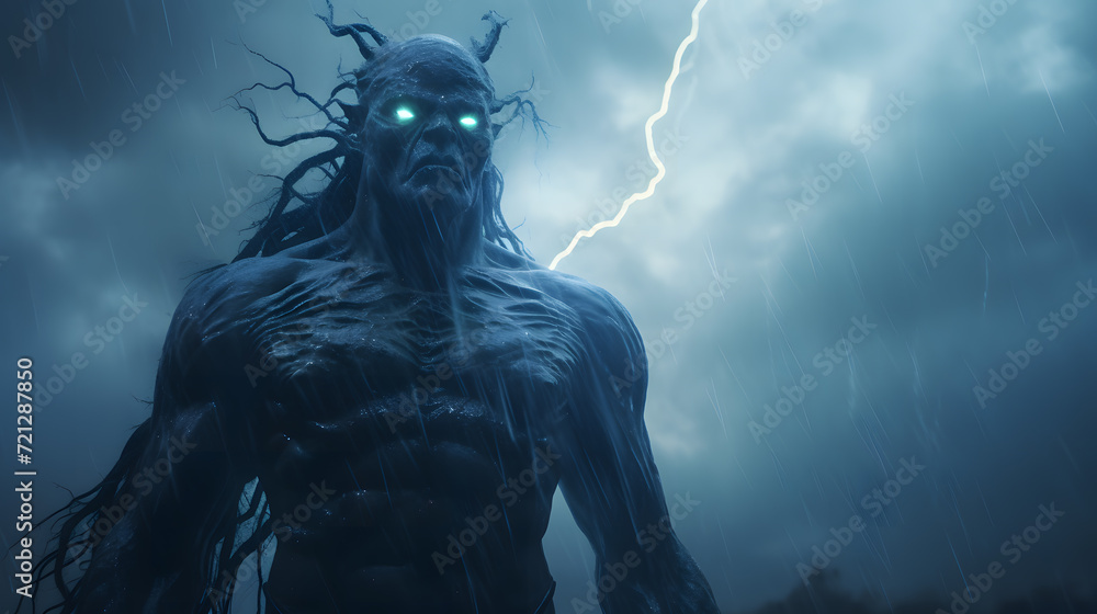 Demon with blue lightning, devil. Neural network AI generated art Demon with blue lightning, devil. Neural network AI generated art