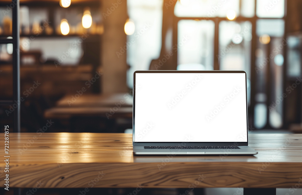 Table with laptop and blank screen. Minimalist workspace. Perfect image for portraying a clean and organized work environment, suitable for various professional and technology-related contexts. Table with laptop and blank screen. Minimalist workspace. Perfect image for portraying a clean and organized work environment, suitable for various professional and technology-related contexts.