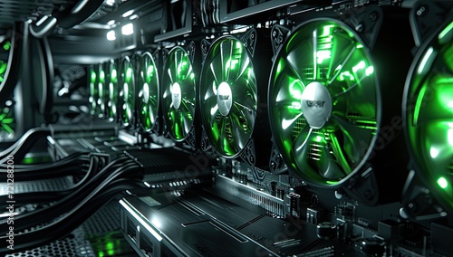 A robust graphics card boasting large, powerful fans illuminated by vibrant neon lights. photo