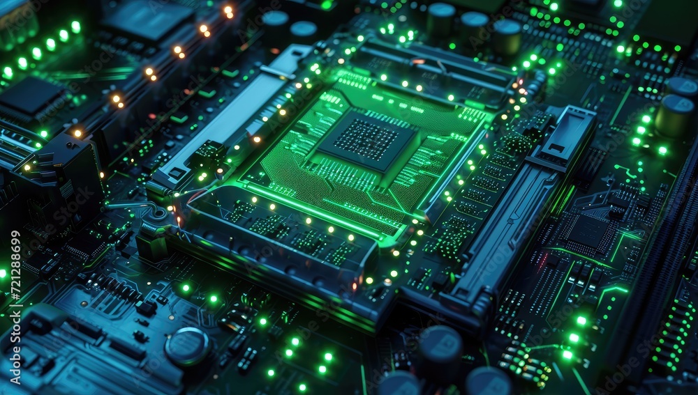 Fototapeta premium An electronic circuit board serves as the backdrop, symbolizing central computer processors within the realm of technology.