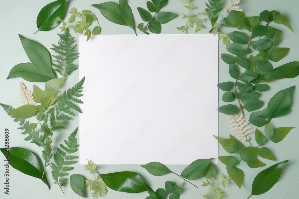 Naklejka premium Flat lay composition with green leaves and white blank card on a pastel background.