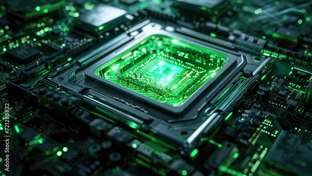 An electronic circuit board serves as the backdrop, symbolizing central computer processors within the realm of technology.