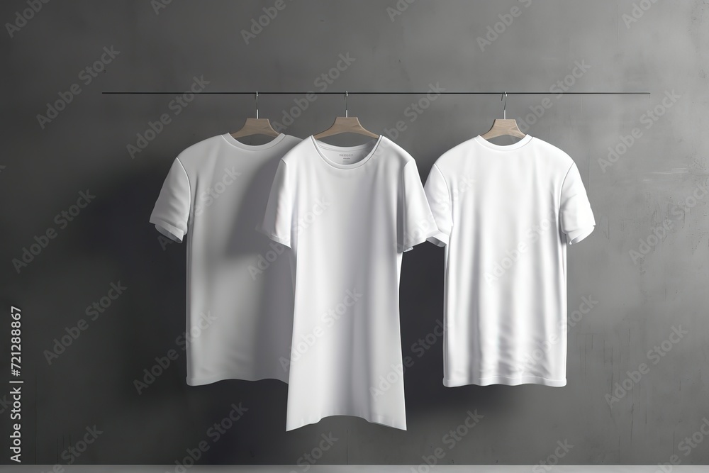 Blank white t-shirts on hangers against a gray background, suitable for design mockups. Blank white t-shirts on hangers against a gray background, suitable for design mockups.