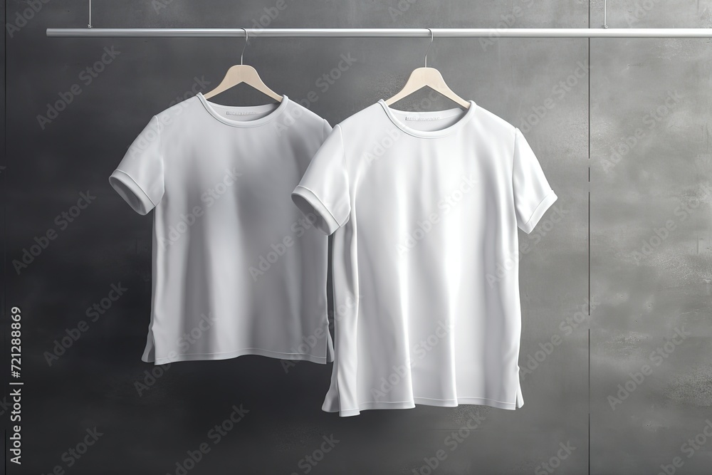 Blank white t-shirts on hangers against a gray background, suitable for design mockups. Blank white t-shirts on hangers against a gray background, suitable for design mockups.