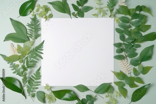 Flat lay composition with green leaves and white blank card on a pastel background.