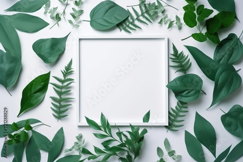 Flat lay composition with green leaves and white blank card on a pastel background.