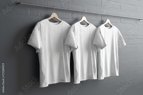 Blank white t-shirts on hangers against a gray background, suitable for design mockups.