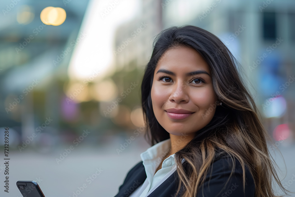 Young hispanic business woman look smiling confident at the city Young hispanic business woman look smiling confident at the city