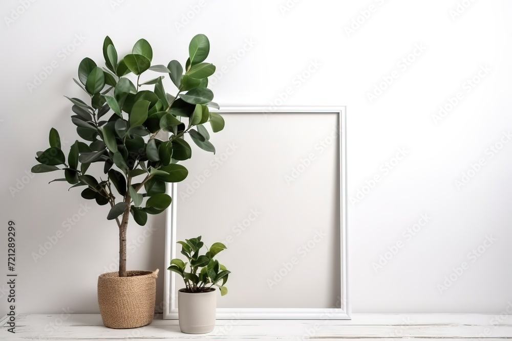 Minimalist interior with blank frame, floor lamp, potted plant, and small decor on wooden floor against white wall.