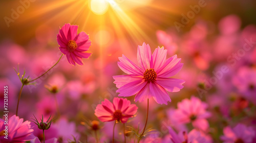 Pink cosmos flowers field in the sunset light.