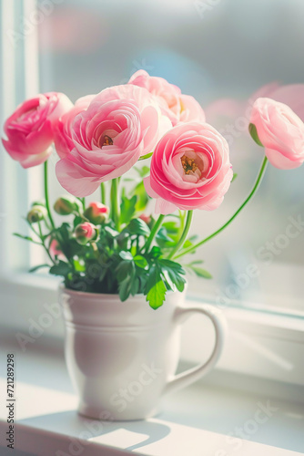 White vase with delicate pink ranunculus on a windowsill.