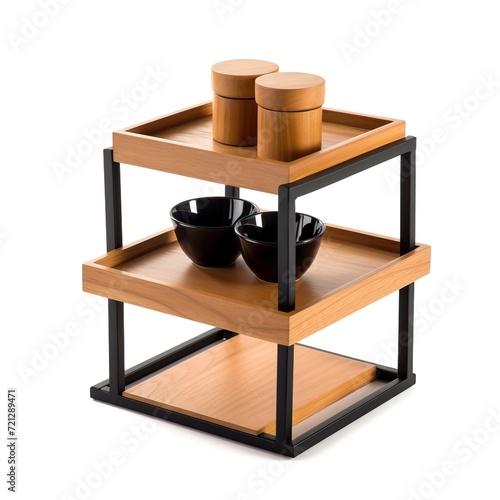 Create detachable frame 2 tier wood serving stand with black metal frame, white background  photo