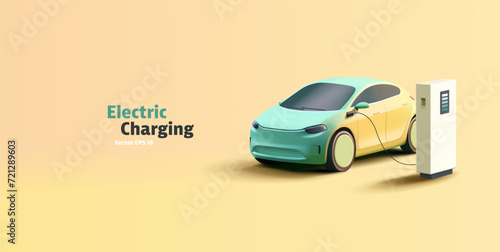 Electric Vehicle at charging station 3d render illustration. Modern SUV simplified car illustration and power station to recharge