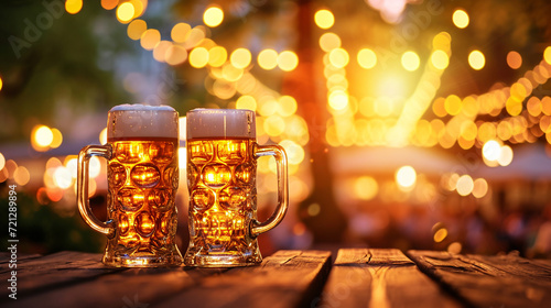 Two mugs of beer stand on a wooden table against bokeh background. St Patrick Day concept. Copy space. photo