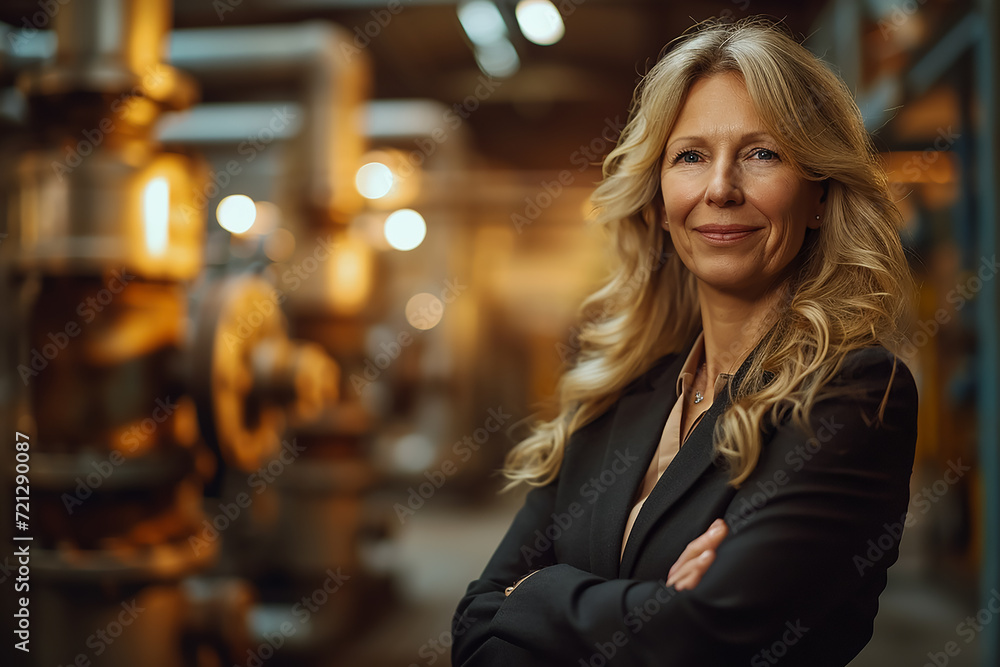 Smiling mature blond female professional standing at illuminated industry Smiling mature blond female professional standing at illuminated industry