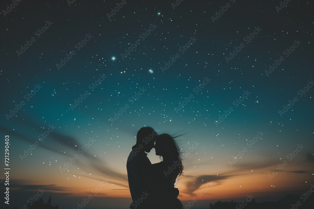 A romantic silhouette of a couple sharing a kiss under a breathtaking starry sky with a beautiful sunset in the background.
