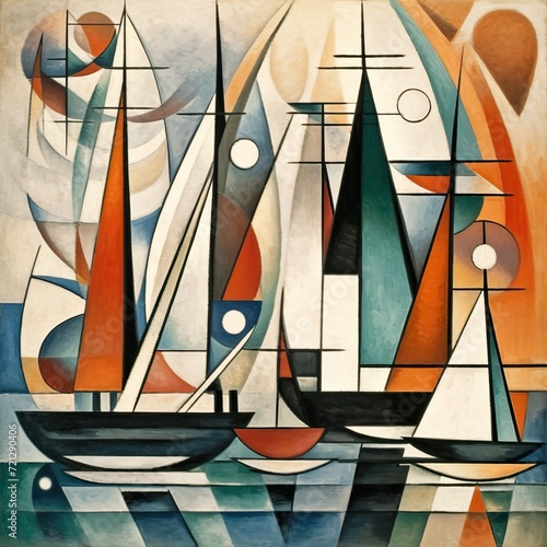 Sailing boats with lowered sails at the pier, abstraction, geometric shapes and lines, Kandinsky style