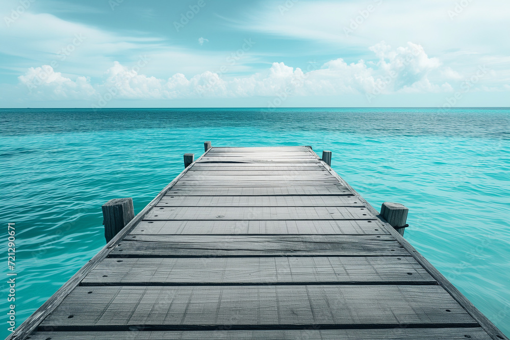 Dock extending into clear blue waters. Serene waterfront scene. Ideal image for conveying a tranquil and inviting atmosphere, capturing the beauty of a peaceful waterside setting.