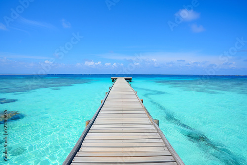 Dock leading into clear blue waters. Serene waterfront scene. Ideal image for conveying a tranquil and inviting atmosphere  capturing the beauty of a peaceful waterside setting.