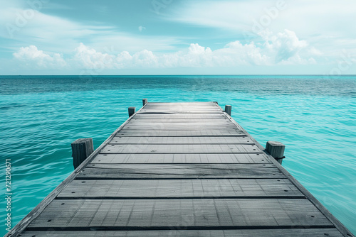 Dock extending into clear blue waters. Serene waterfront scene. Ideal image for conveying a tranquil and inviting atmosphere, capturing the beauty of a peaceful waterside setting.