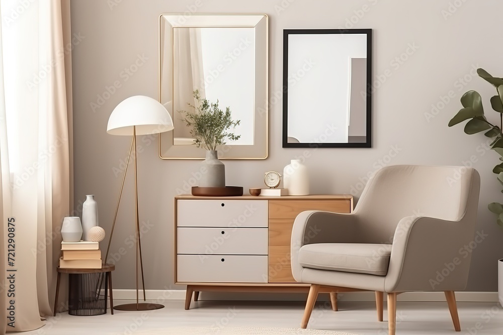 Fototapeta premium Cozy interior with modern furniture, mirror, and decorative plants.